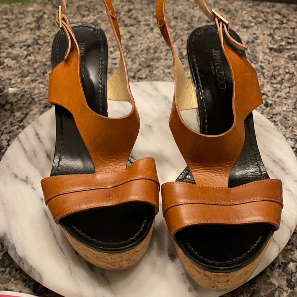Jimmy Choo tan with black base cork wedge sandals. Size 9